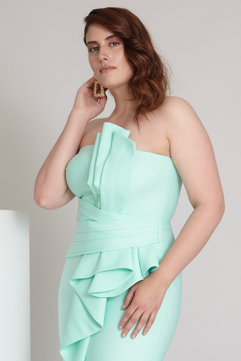 Water Green Plus Size Crepe Strapless Maxi Dress