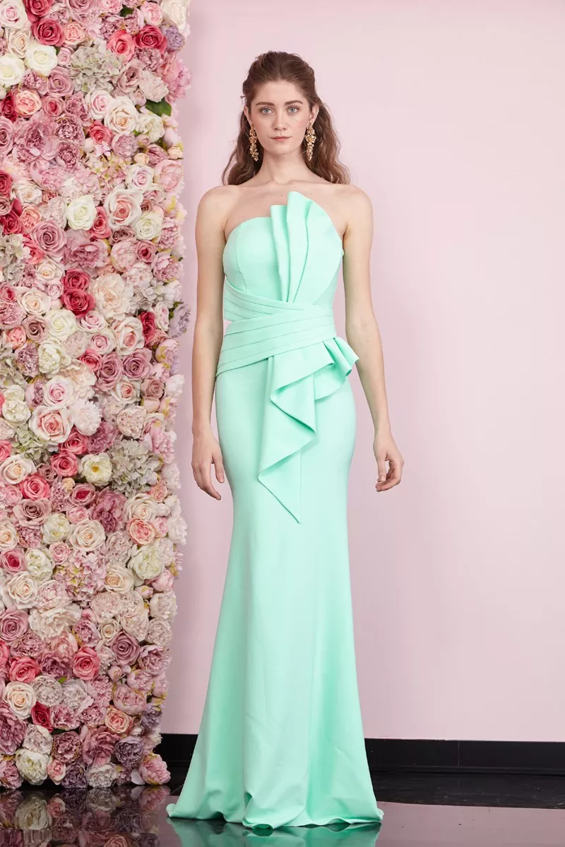 Water Green Crepe Strapless Maxi Dress
