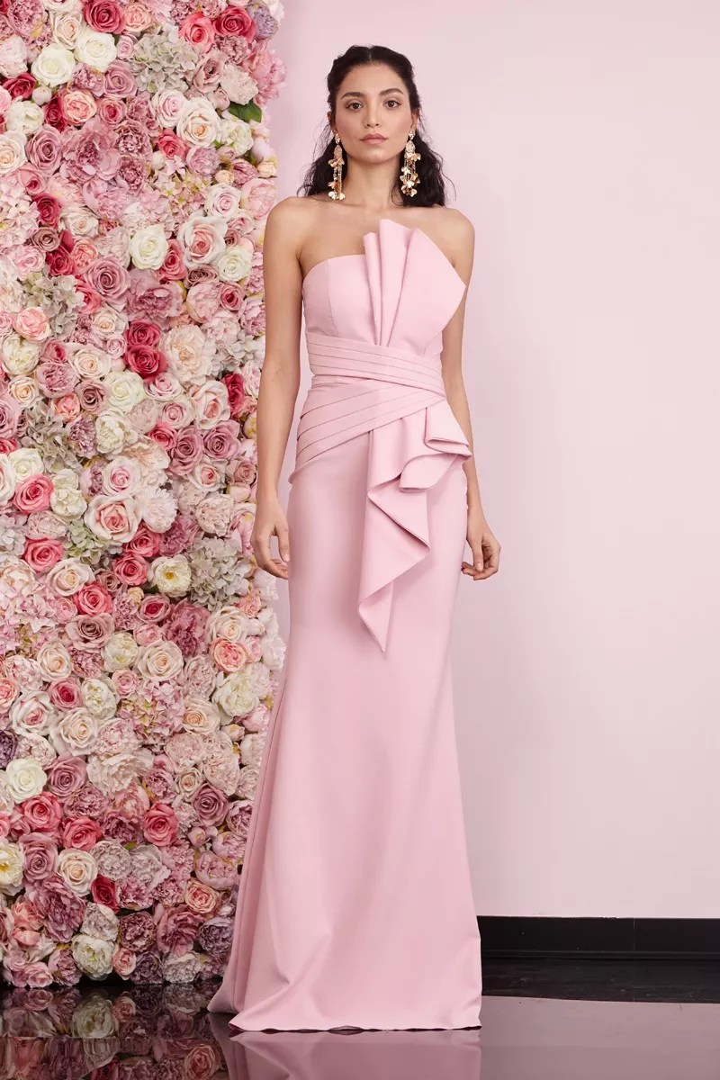 Dried rose crepe strapless maxi dress