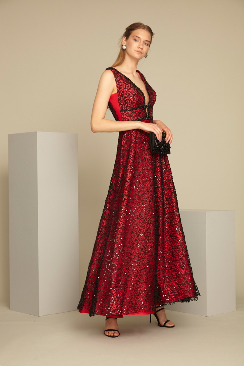 Red sequin sleeveless maxi dress