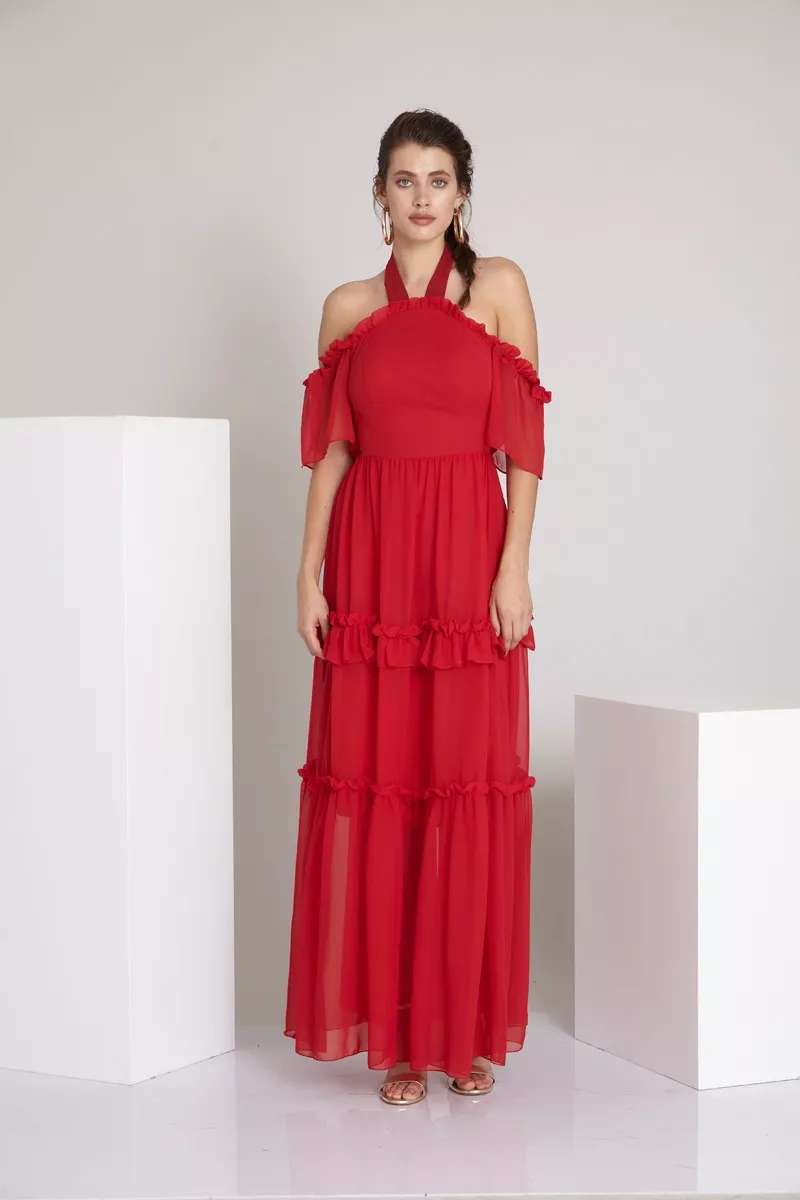 Red sifon sleeveless maxi dress