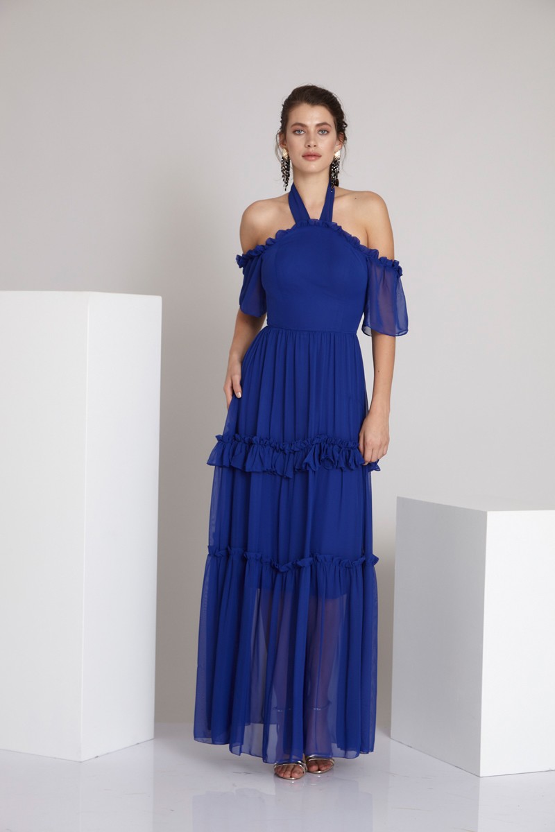 Blue sifon sleeveless maxi dress