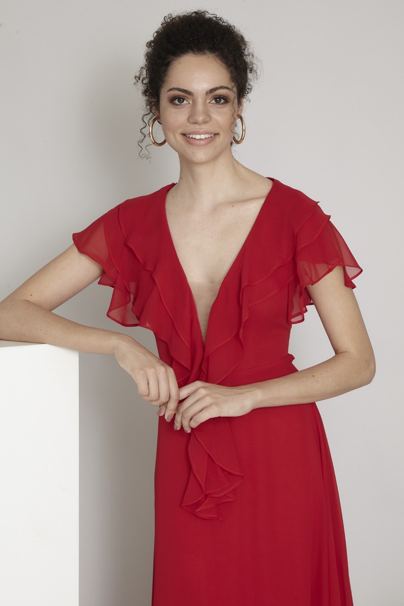 Red sifon short sleeve maxi dress